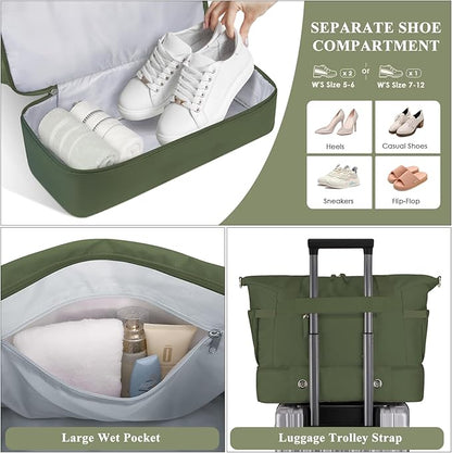 ETRONIK Gym Bag for Women, Travel Duffel Bag with USB Charging Port, Weekender Overnight Bag with Wet Pocket and Shoes Compartment for Women, Travel, Gym, Yoga (Army Green)