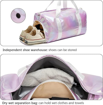 Sports Gym Dance Bag for Women Girls, Shimmery Waterproof Duffle Travel Bag With Shoes Compartment and Wet Dry Pocket (Green)
