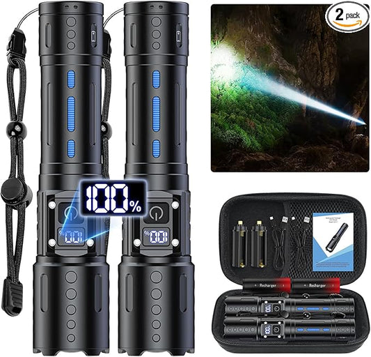Flashlights High Lumens Rechargeable - 20,000 Lumens Super Bright Tactical LED Flash Light, Dimmable&Memory Function Powerful Waterproof Flashlight for Camping,6 Modes,Zoomable,LCD Display (2, Black)