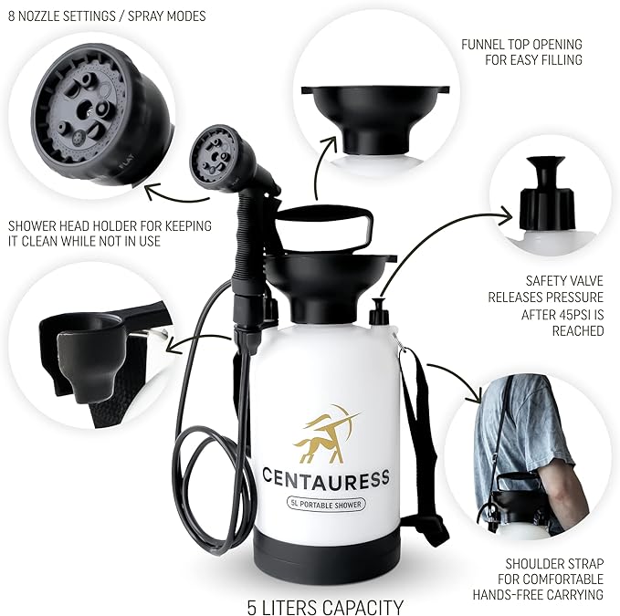 Portable Camping Shower Pump w/ Showerhead Holder and Safety Valve (45 PSI) - Portable Shower for Camping - Surf Rinse Kit - Beach Shower Pump – Camp Shower Kit - Portable Outdoor Shower Camping