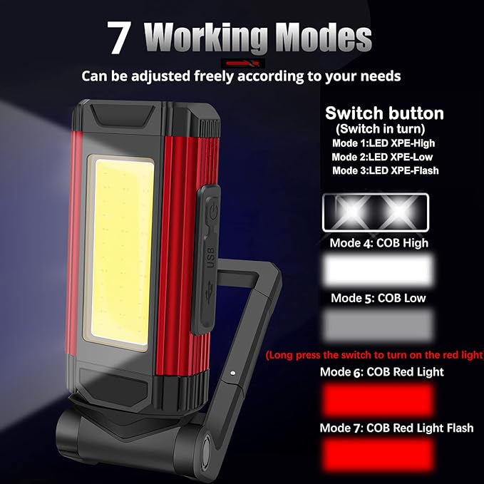 LED COB Rechargeable Flashlight Worklight,Trouble Lamp Gadget for Men Dad Birthday Gift Idea,Portable Torch Tool with Magnet Base 180° Rotate 7 Modes 2 Colors Light for Camping Mechanic BBQ