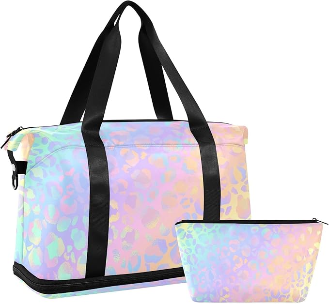 Rainbow Leopard Print Gym Bag for Women - Neon Sports Duffle Travel Tote with Toiletry & Shoes Compartment, Dry/Wet Separation Swim Bag