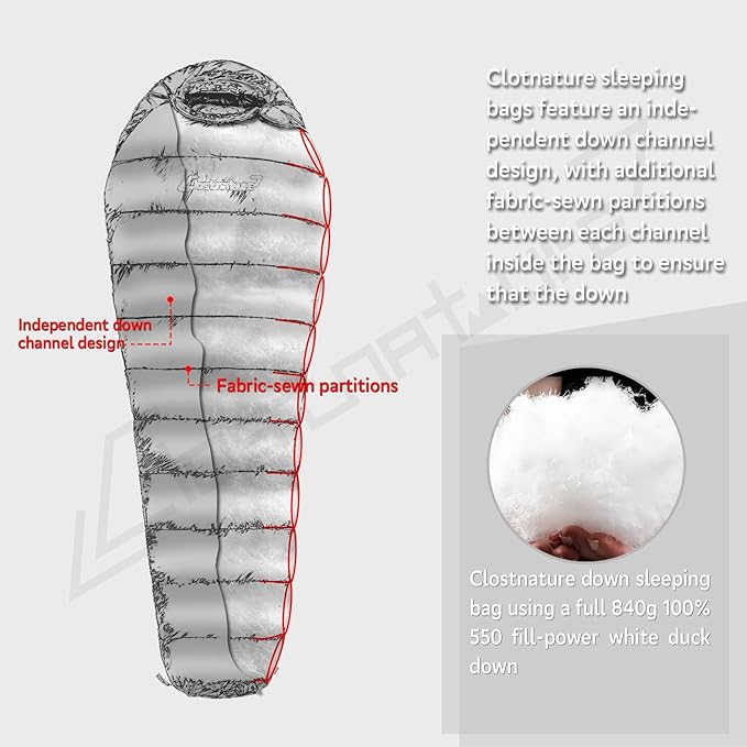 Clostnature Down Backpacking Sleeping Bag - 20D 550 Fill Power Ultralight Winter Down Mummy Sleeping Bag for Camping, Lightweight Cold Weather Compact Camping Gear for Kids, Adult, Girls, Boys