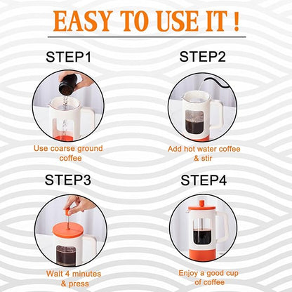 YOLIFE French Press Coffee Maker, 34 oz / 4 Cup Coffee Tea Press with Heat-resistant Borosilicate Glass, 4-Level Filtration Systems, Cold Brew Coffee Maker for Camping Travel Gifts, White and Orange