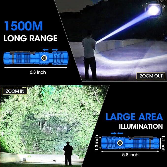 Rechargeable Flashlight High Lumens, 12000 High Lumens Super Bright Flash Light, 1500 Meter Long-Range Zoomable LED Flashlights for Emergency, EDC, Searching, Waterproof Flashlight Dimmable Blue Pcs