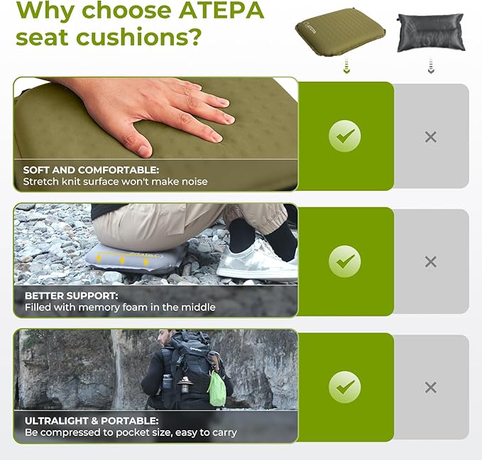ATEPA Inflatable Seat Cushion Lightweight Self-Inflatable Memory Foam Seat Cushion for Stadium Airplane Trevel, Waterproof Portable Seat Cushion Best for Backpacking Camping Chair Pad, Olive Green