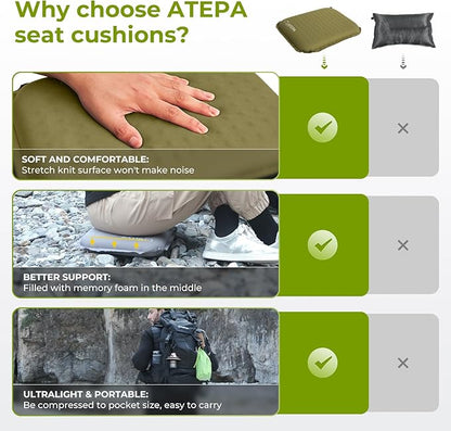 ATEPA Inflatable Seat Cushion Lightweight Self-Inflatable Memory Foam Seat Cushion for Stadium Airplane Trevel, Waterproof Portable Seat Cushion Best for Backpacking Camping Chair Pad, Olive Green