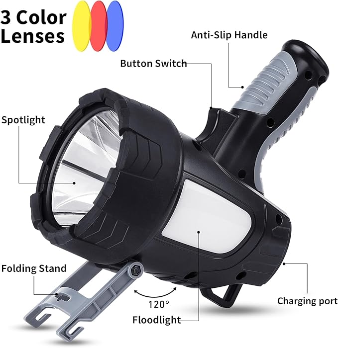 Rechargeable Spotlight Flashlight, 990,000 Lumen Super Bright Led Spotlight with 6 Modes & Foldable Tripod, Powerful Spot Light 30H Long Runtime, Handheld Spot Light for Outdoor Boating Hunting
