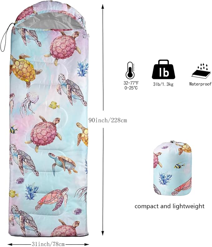 BSNTHO Turtle Camping Sleeping Bags,3 Season Warm & Cool Weather,Lightweight,Waterproof Sleeping Bags for Adults & Kids,Traveling,and Outdoors,Camping Gear Equipment,31x90inch
