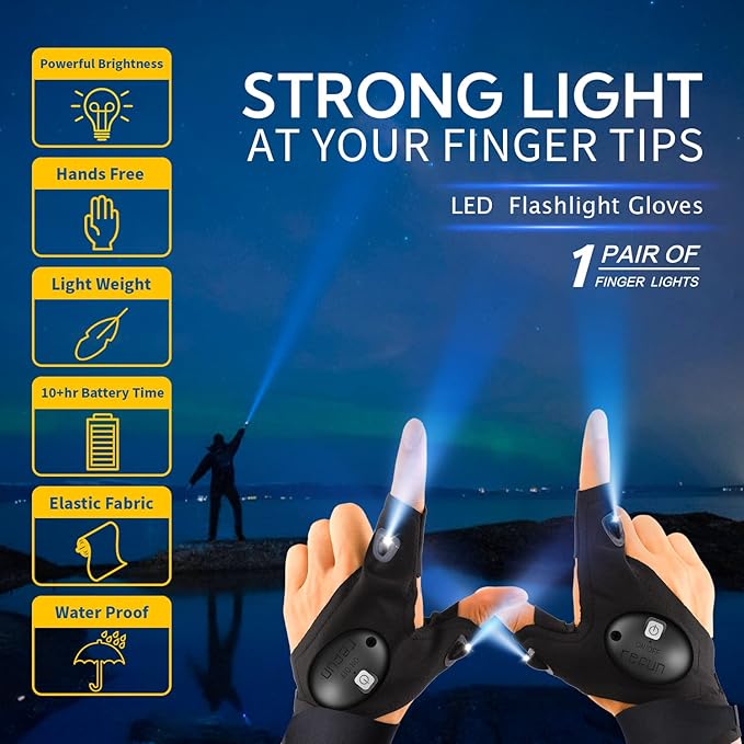 Gifts for Men , LED Flashlight Gloves, Cool Gadgets Christmas Stocking Stuffers Unique Birthday Gifts for Dad Boyfriend Husband Him, Light Gloves Tool for Camping Fishing Car Repairing Hiking