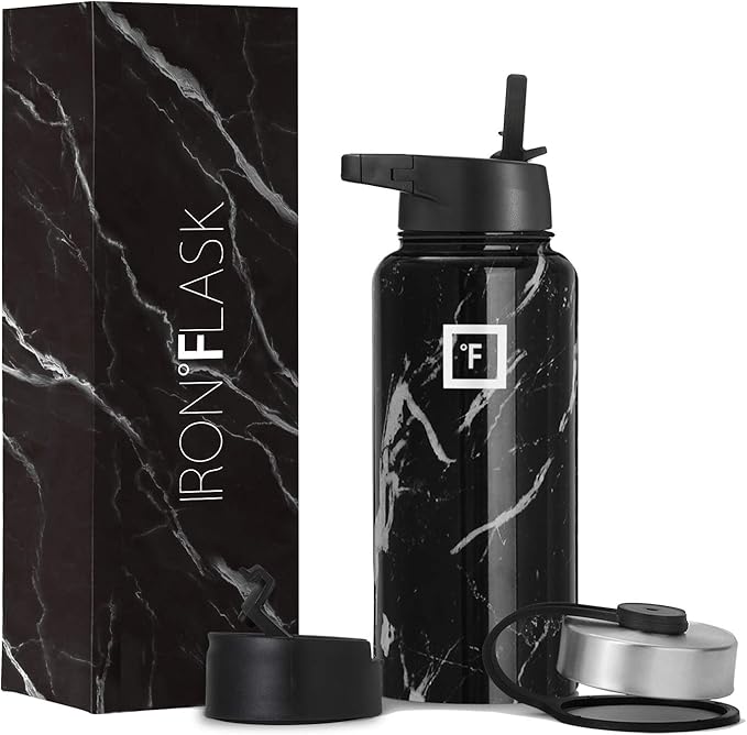 IRON °FLASK Camping & Hiking Hydration Flask, Wide Mouth, 3 Straw Lids, Stainless Steel Outdoor Water Bottle, Double Walled, Insulated Thermos, Metal Canteen - Black Marquina, 32 Oz
