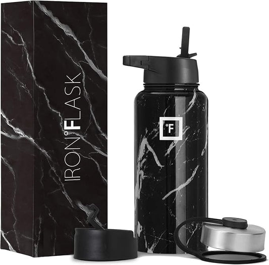 IRON °FLASK Camping & Hiking Hydration Flask, Wide Mouth, 3 Straw Lids, Stainless Steel Outdoor Water Bottle, Double Walled, Insulated Thermos, Metal Canteen - Black Marquina, 32 Oz