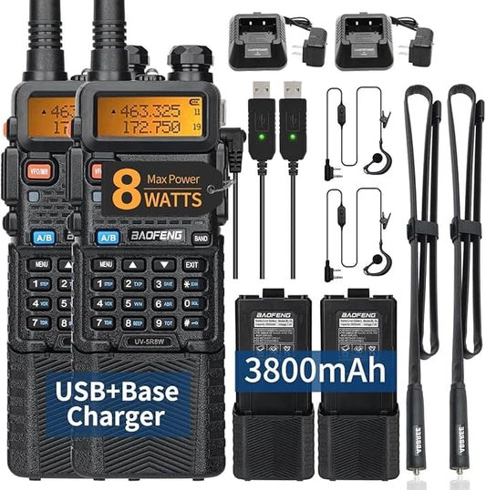 BAOFENG UV-5R 8W Ham Radios Long Range UV5R Handheld Dual Band High Power 3800mAh Rechargeable Walkie Talkies Portable Two Way Radio with Earpiece USB Charging Cable Full Kit,2Pack