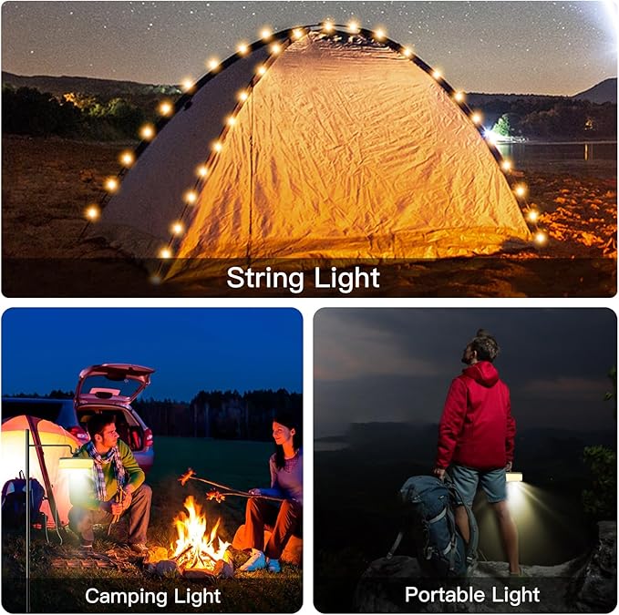 2 in 1 Camping String Lights Warm String Lights with 12 Lighting Modes 30s Quick Roll Up Portable String Lights USB Rechargeable Camping Lantern for Tent, Camping, Party Decor