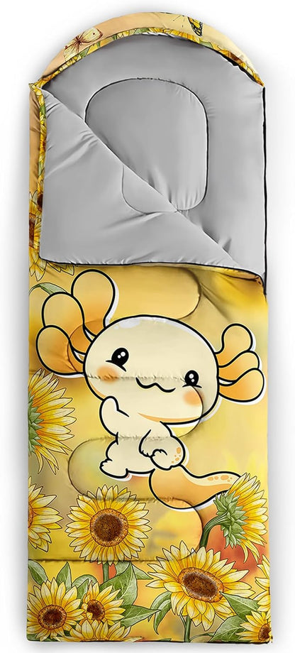BSNTHO Sunflower Axolotl Printed Camping Sleeping Bag,3 Season Warm & Cool Weather,Lightweight,Waterproof Sleeping Bag for Adults & Kids,Traveling,and Outdoors,Camping Gear Equipment,31x90inch