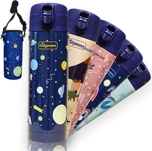 Stainless Steel Water Bottle Kids 12 oz With Carrying Pouch| Insulated Water Bottle For Kid, Toddler, Boys or Teen | Leakproof, BPA-Free | Little Metal Tumbler for School, Galaxy Space For Boy