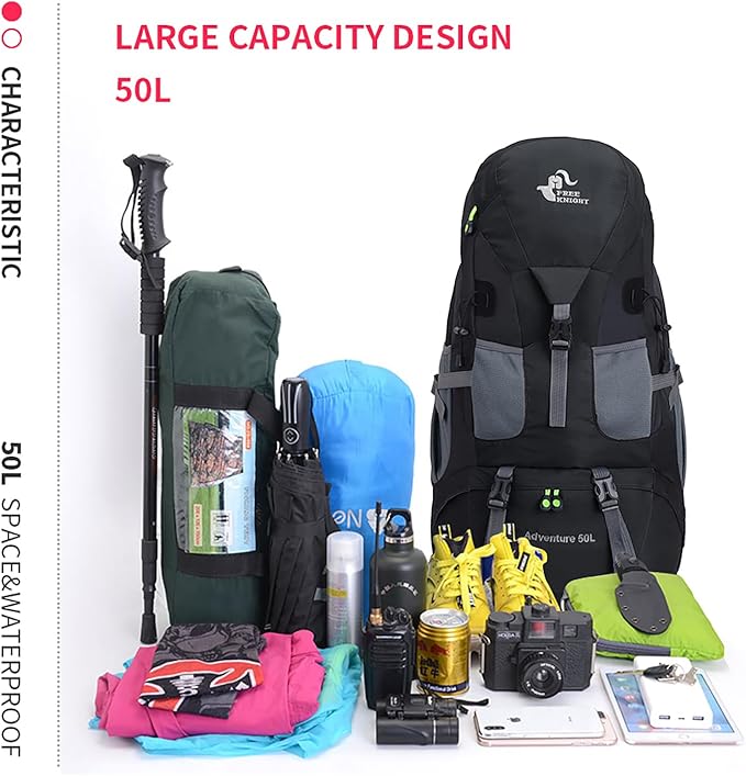 Bseash 50L Hiking Backpack, Water Resistant Lightweight Outdoor Sport Daypack Travel Bag for Camping Climbing Touring (Black - No Shoe Compartment)