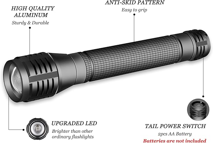 LED 2000 Lumens 3 Modes Adjustable Focus 2-Cell AA Flashlight,2-Pack