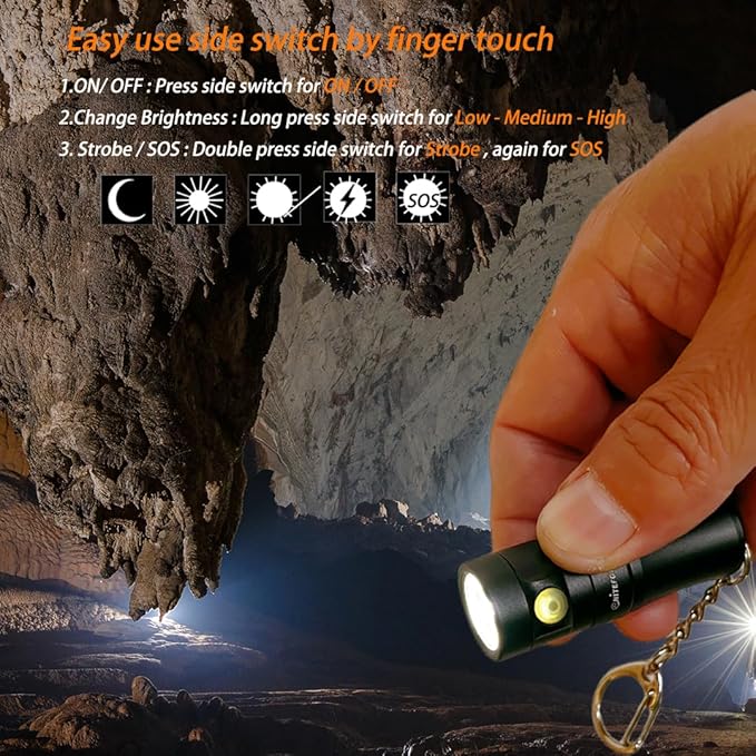 U2 Mini Keychain Flashlight USB Rechargeable Side Switch 400 Lumens High Bright with Built-in Battery Tiny Small Torch for Everyday EDC Emergency Dog Walking Camping Hiking