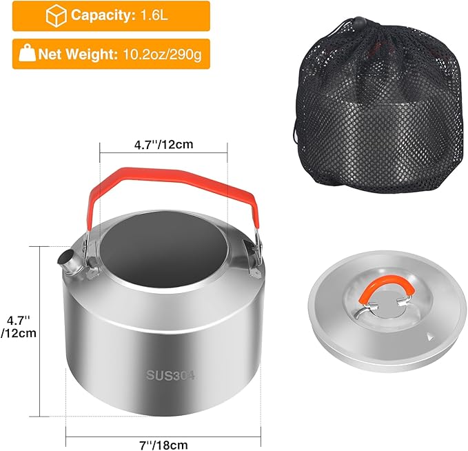 REDCAMP 1.6L Outdoor Camping Kettle, Lightweight Stainless Steel Water Pot with Carrying Bag, Compact Camp Tea Kettle Coffee Pot for Hiking Picnic Camping