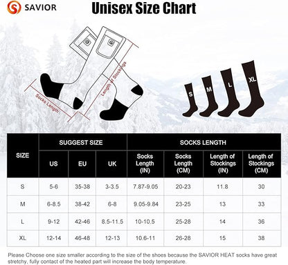 Heated Socks for Men Women, SAVIOR HEAT Electric Rechargeable Battery Thick Long Ski Socks for Winter Cold Weather Hunting Hiking Camping Skating Motorcycle Cycling Fishing