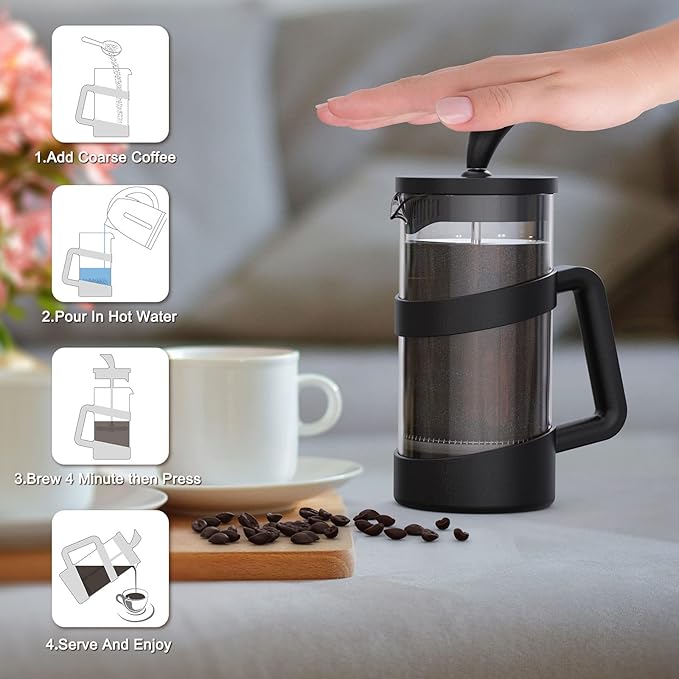 RAINBEAN Large French Press Glass Travel Camping Coffee Makers Pot, 34 oz Portable Cold Heat Press Coffee Tea Brewer
