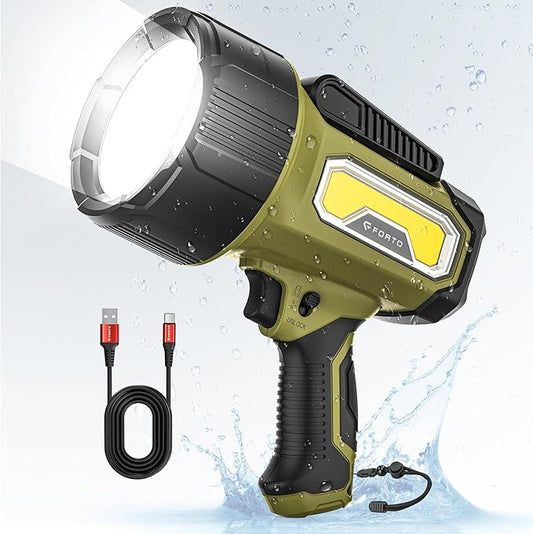 FORTO Rechargeable Spotlight Flashlight with 2000 Lumens, Handheld Spotlight with Foldable Stand, 6 Light Modes IPX7 Waterproof LED Spot Lights Outdoor for Boating Hunting Hiking(Spring Green)