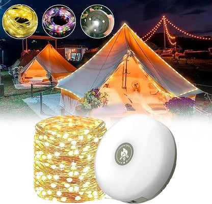 Camping String Light with Camping Lantern and Flashlight,Updated 3-in-1 Portable String Lights,32.8ft/10M Warm White and Colorful,8 Lighting Modes(NO APP),Rechargeable,Waterproof