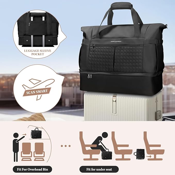 Maelstrom Gym Bag for Women,40L Travel Duffel Bag with Shoes Compartment and Wet Pocket,Waterproof Carry On Weekender Bag,Sport Gym Tote Bags Swimming Yoga, Hospital Holdalls-Black