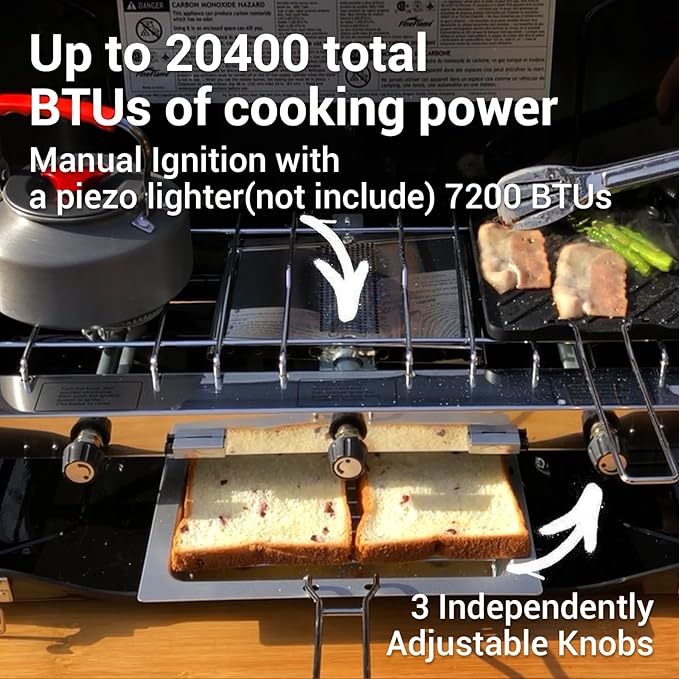 Camping Stove 3 Burner 20400 BTU Propane Portable Stove with Regulator, Toast Tray, Windshield for Car Camping BBQ Picnics Outdoor Cooking Camping Stove