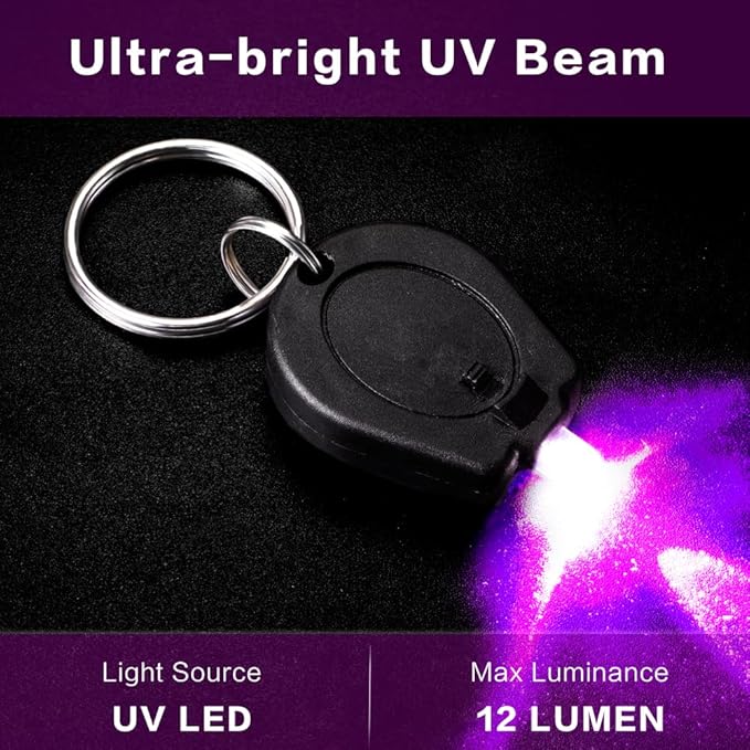 12 Pack Mini UV LED Keychain Flashlight, 395nm UV Light Keychain Flashlight, UV Keychain Flashlight, UV Keychain Light Black Light for Detections