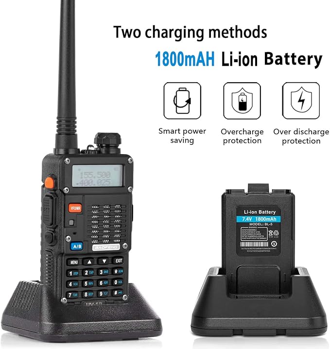 Ham Radio, BAOFENG 8W Dual Band Two Way Radio Long Range, Handheld UV5R Radio, Professional 2 Way Radios with Rechargeable Battery, Charger, Earpieces, Mic and Programming Cable (2 Pack)