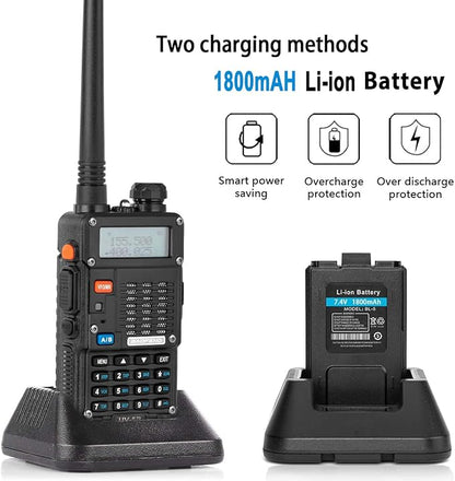 Ham Radio, BAOFENG 8W Dual Band Two Way Radio Long Range, Handheld UV5R Radio, Professional 2 Way Radios with Rechargeable Battery, Charger, Earpieces, Mic and Programming Cable (2 Pack)