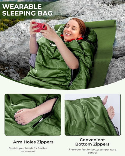 Sportneer Sleeping Bag - Wearable for Adults & Kids with Arm Zipper Holes in Cold & Warm Weather, Waterproof Portable Sleeping Bag for Camping, Hiking, Backpacking, Outdoor Travel