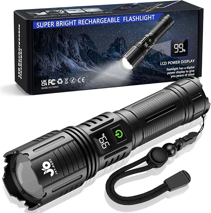 Rechargeable Flashlights 1000000 Lumen, LED Flashlight with Digital Power Display and Zoomable, Flashlights High Lumen Super Bright Long Distance for Camping, bushcraft, Outdoor