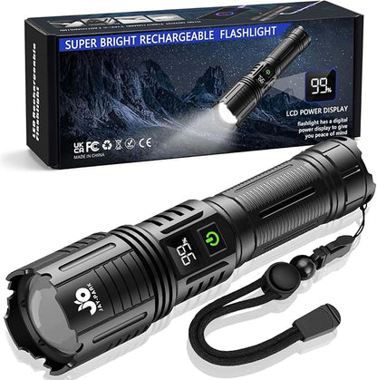 Rechargeable Flashlights 1000000 Lumen, LED Flashlight with Digital Power Display and Zoomable, Flashlights High Lumen Super Bright Long Distance for Camping, bushcraft, Outdoor