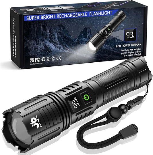Rechargeable Flashlights 1000000 Lumen, LED Flashlight with Digital Power Display and Zoomable, Flashlights High Lumen Super Bright Long Distance for Camping, bushcraft, Outdoor