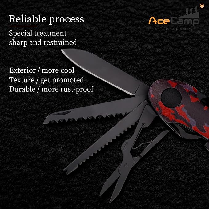14-in-1 pocket multi-tool, camo stainless steel tool with blade, scissors, corkscrew, serrated, screwdriver, outdoor, fishing, hiking, camping Red