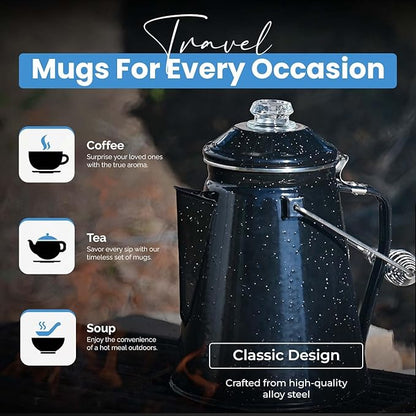 Toughty Enamel Coffee Percolator with 2 Cups - Stovetop Camping Coffee Maker for Open Fire, Grill or Gas Stove - Durable Old-Fashioned Cowboy-Style Metal Pot - 12-cup Classic Design - Black