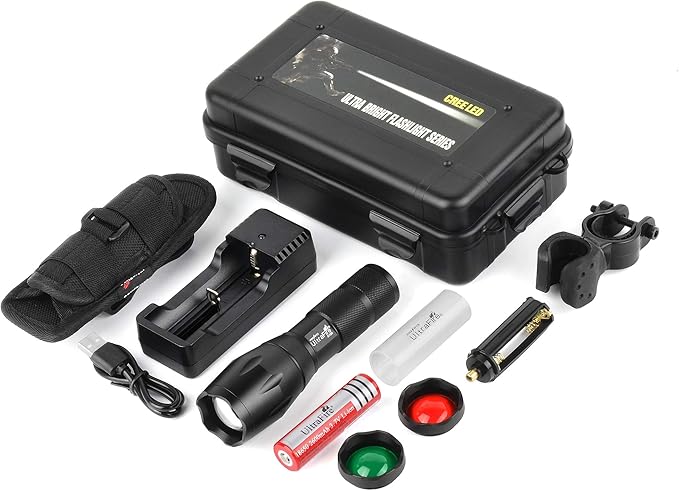 ULTRAFIRE A100 Tactical Flashlight, 800 Lumens 5 Modes LED Zoomable Hunting Flashlight Torch with Duty Belt Flashlight Holster, Red/Green/White Exchange Glass