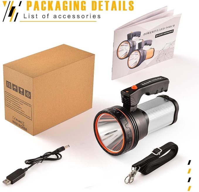 Flashlights High Lumens Rechargeable,1000000LM Spotlight Flashlight,IP68 Waterproof Rechargeable Flashlight,Linterna recargable 10000mAh Long Lasting for Camping,Boat,Walking,Farm.(Silver)