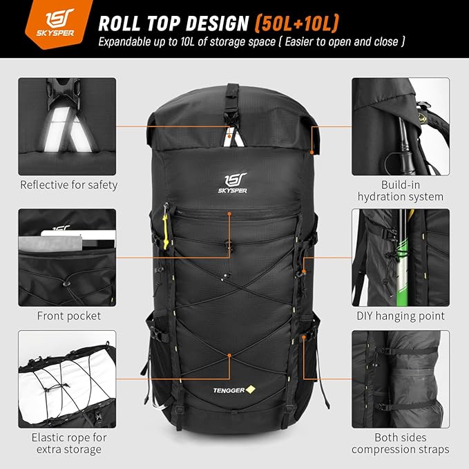 SKYSPER Hiking Backpack - 50L Roll Top Backpacking Backpack Lightweight Comfortable Breathable Camping Travel Pack for Men Women(Black)