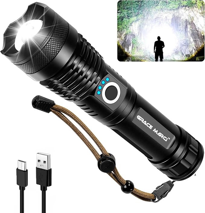 Rechargeable Flashlights, High Lumen Super Bright 150000 Lumens, LED Flashlight with 5 Modes, IP55 Waterproof, Powerful Handheld Flashlight for Camping, Hiking, Emergency