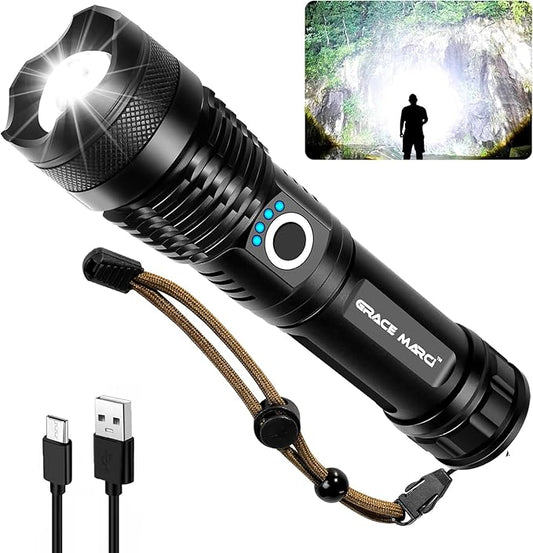 Rechargeable Flashlights, High Lumen Super Bright 150000 Lumens, LED Flashlight with 5 Modes, IP55 Waterproof, Powerful Handheld Flashlight for Camping, Hiking, Emergency