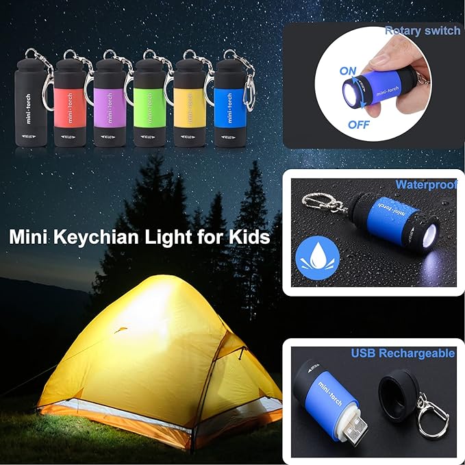 Mini Flashlight Keychain Rechargeable, Colorful Small LED Flashlight Torches for Kids/Adult Hiking Camping,Waterproof Pocket Flashlight for Kids for Backpack,(12 Pack)