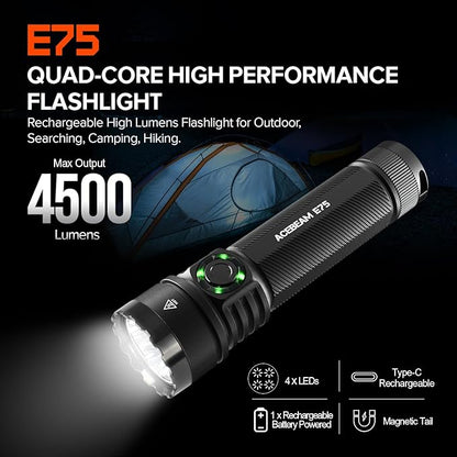 ACEBEAM E75 4500 High Lumens Flashlight with Magnetic Base, Super Bright LED Flashlight Rechargeable, IPX8 Water-Resistant Tactical EDC Flash Light, 26 Days Super Long Lasting for Camping,Everyday Use