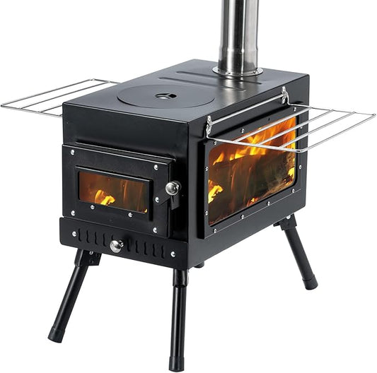 Outdoor Camping Stove Camp Tent Stove, Portable Wood Burning Stove with Chimney Pipe for Tent, Shelter, Camping Heating and Cooking (Pipe Diameter: 2.95")