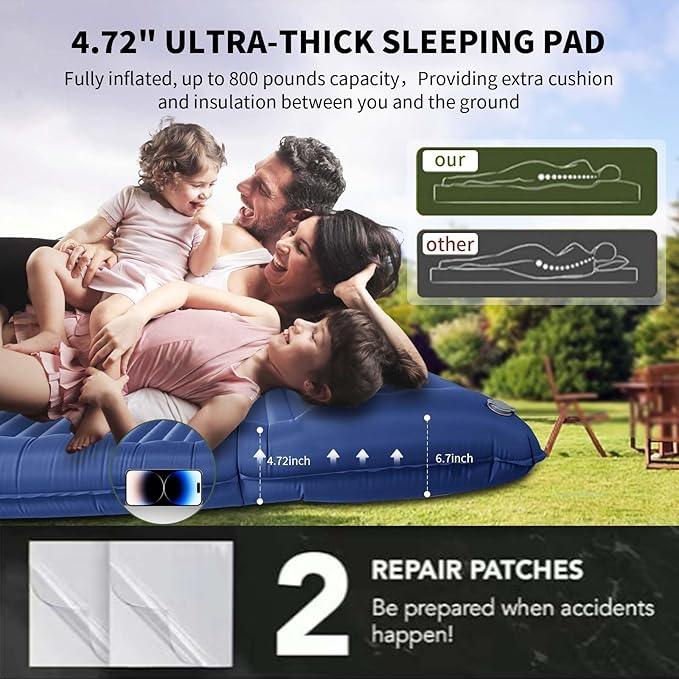 Double Sleeping Pad,4.75" Ultra-Thick Self Inflating Sleeping pad for Camping, with Pillow Built-in Foot Pump Camping Mattress for Backpacking, Car Camping, Hiking, Tent(Double Blue)