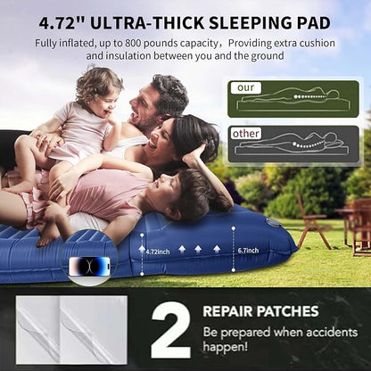 Double Sleeping Pad,4.75" Ultra-Thick Self Inflating Sleeping pad for Camping, with Pillow Built-in Foot Pump Camping Mattress for Backpacking, Car Camping, Hiking, Tent(Double Blue)
