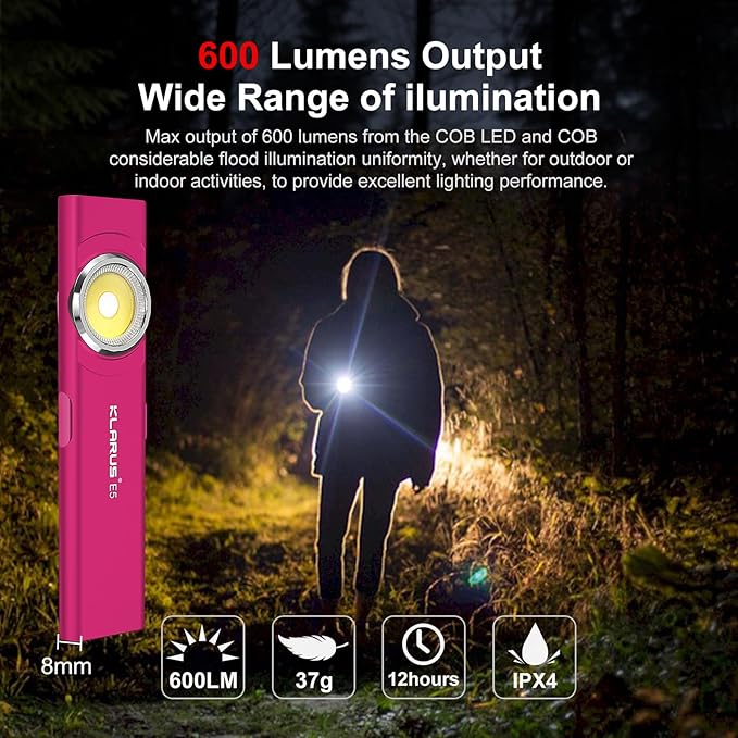 klarus E5 Pocket Flashlight, Rechargeable EDC Flashlight, Super Slim Flat 4.2x1x0.3inch, 470 Lumens, USB-C Port, IPX4, Dual Light Source with Magnetic Base, Hat & Clothes Clip - Red